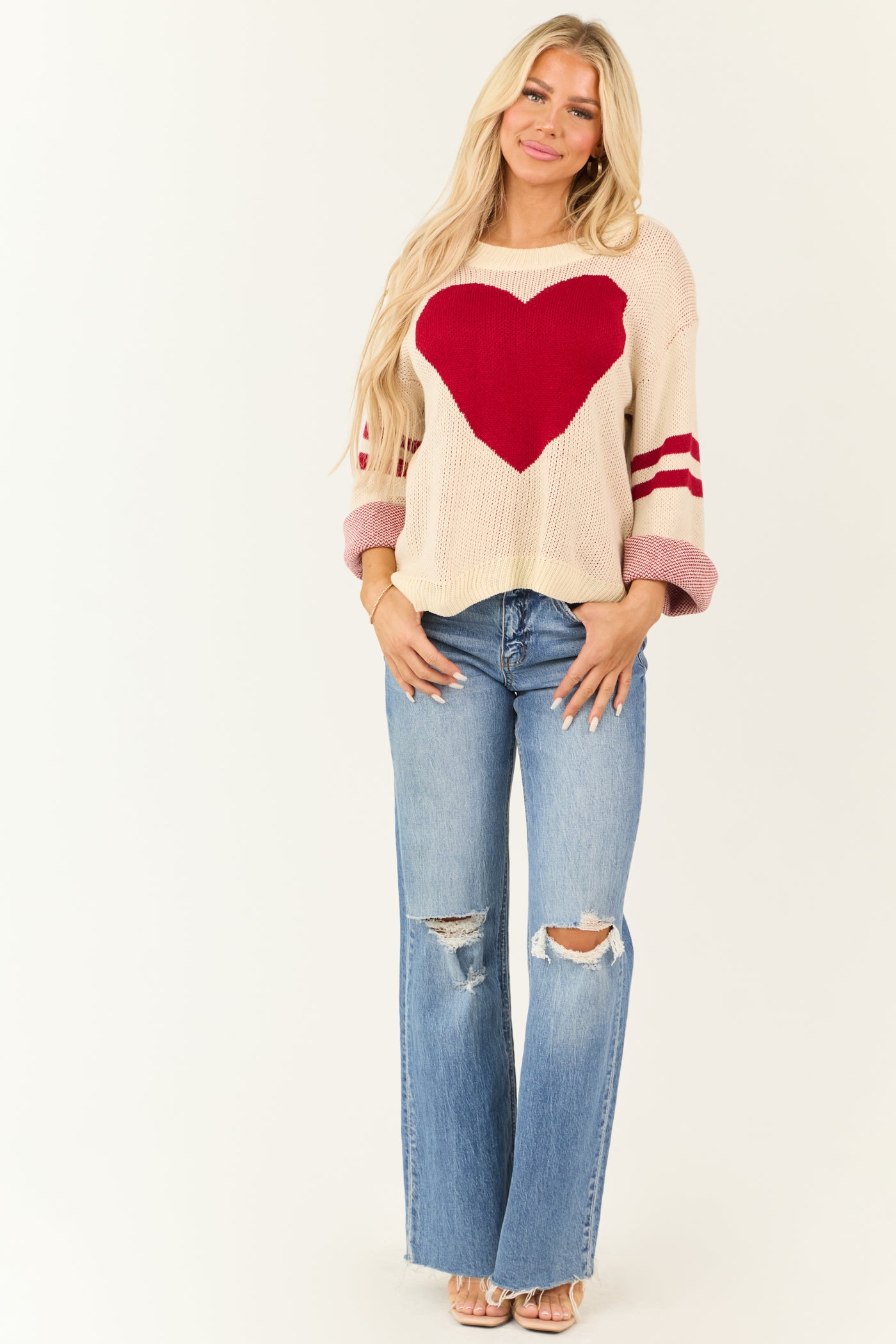 Cream and Cherry Heart Sweater with Stripe Sleeves