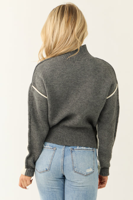 Cream and Graphite Colorblock Mock Neck Sweater