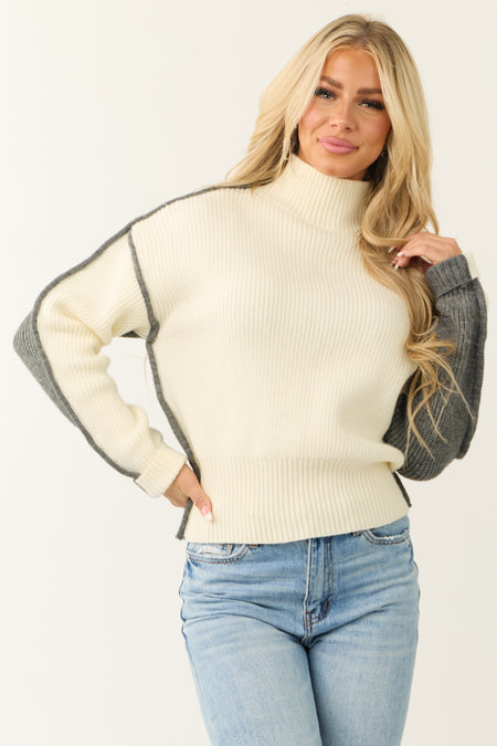 Cream and Graphite Colorblock Mock Neck Sweater