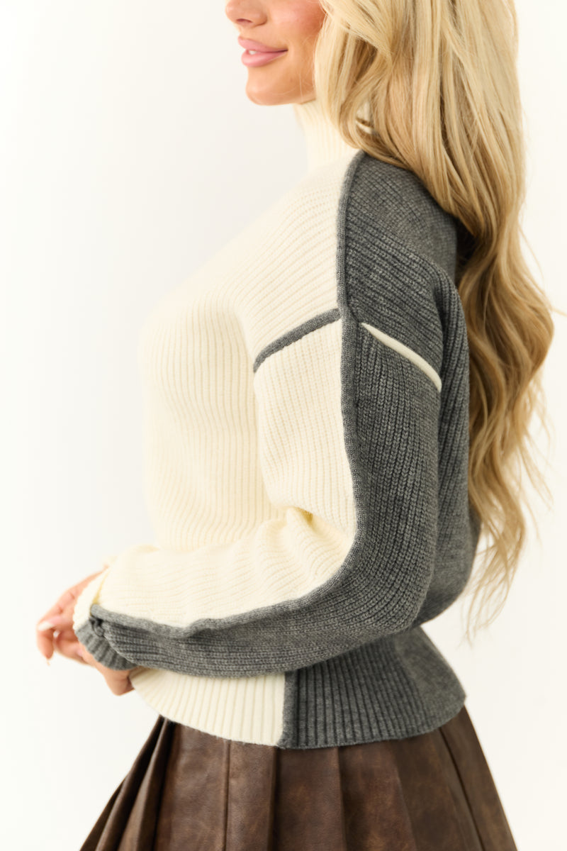 Cream and Graphite Colorblock Mock Neck Sweater