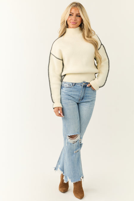 Cream and Graphite Colorblock Mock Neck Sweater