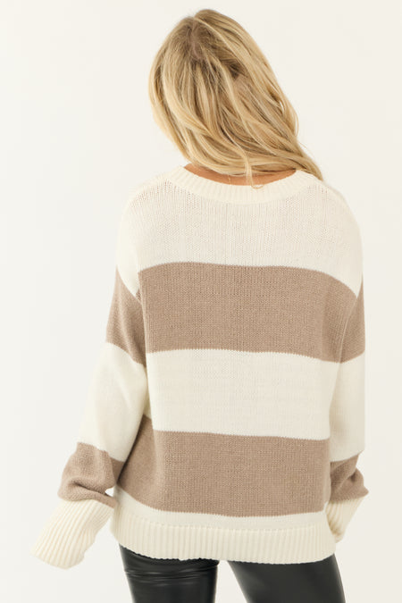 Cream and Latte Striped Long Sleeve Sweater