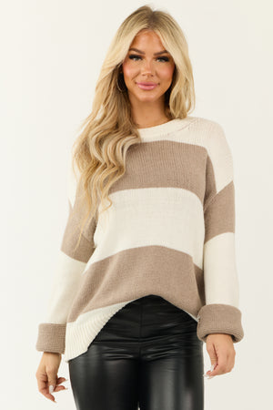 Cream and Latte Striped Long Sleeve Sweater