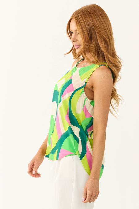 Cream and Lime Abstract Print Tank Top