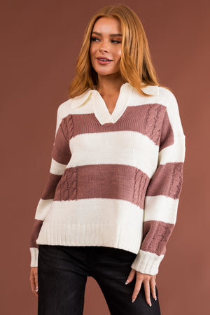 Cream and Mauve Striped Collared Knit Sweater