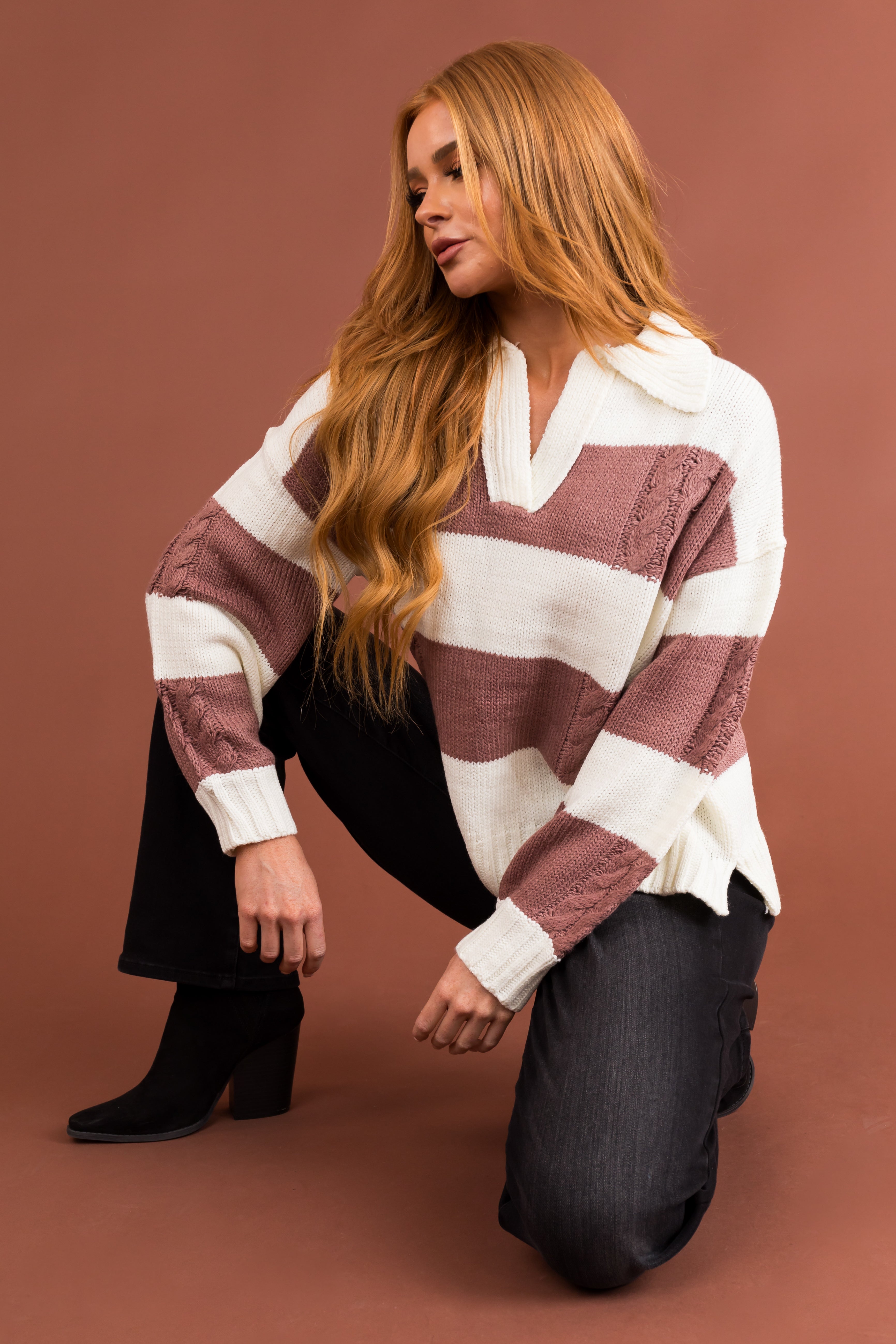 Cream and Mauve Striped Collared Knit Sweater