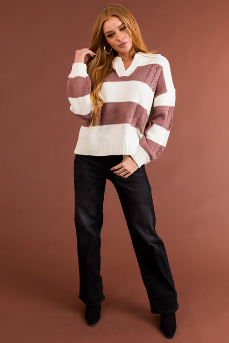 Cream and Mauve Striped Collared Knit Sweater