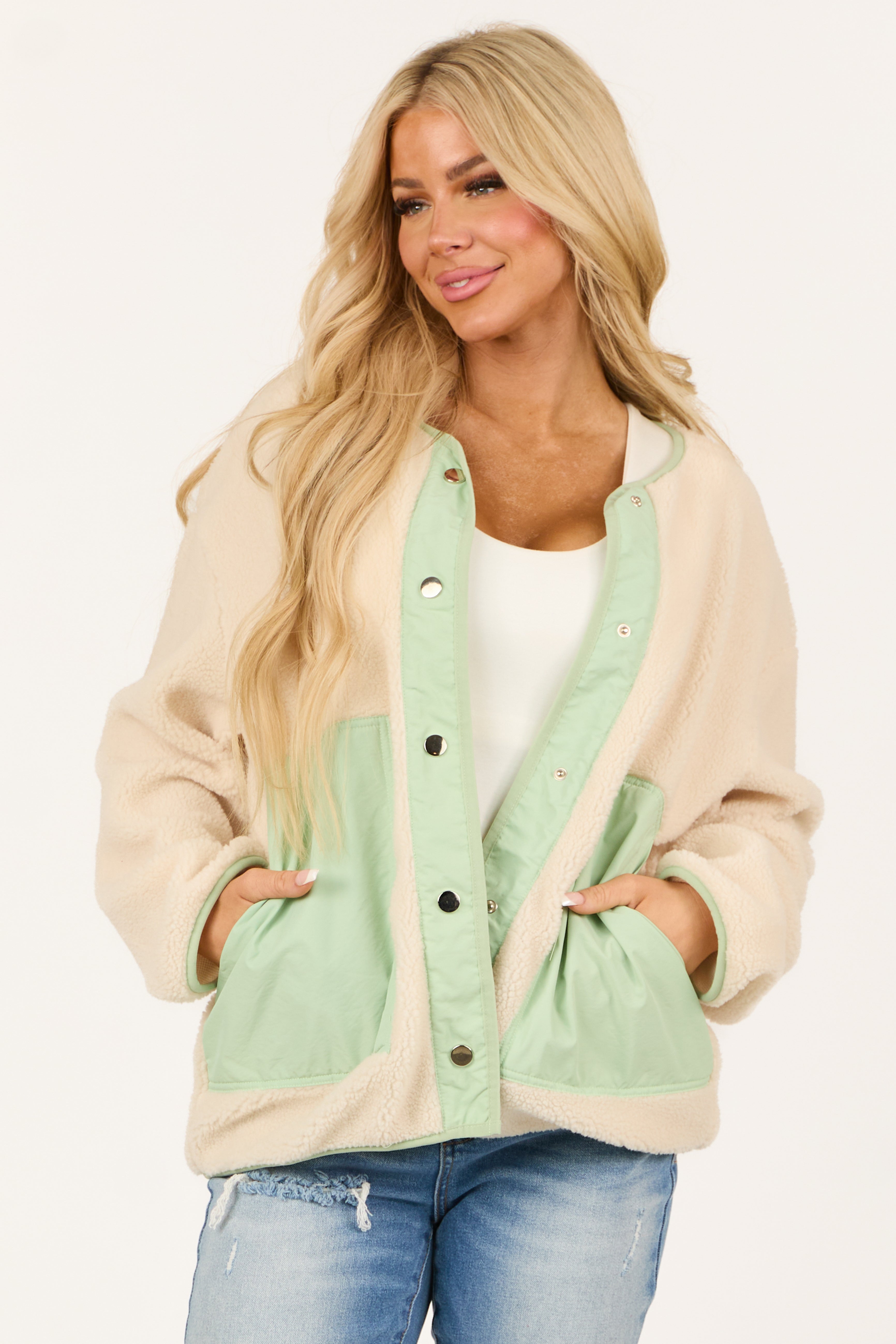 Cream and Mint Sherpa Button Down Jacket