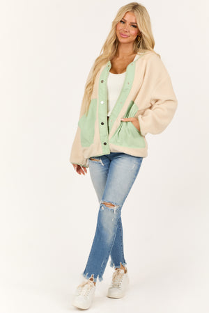 Cream and Mint Sherpa Button Down Jacket