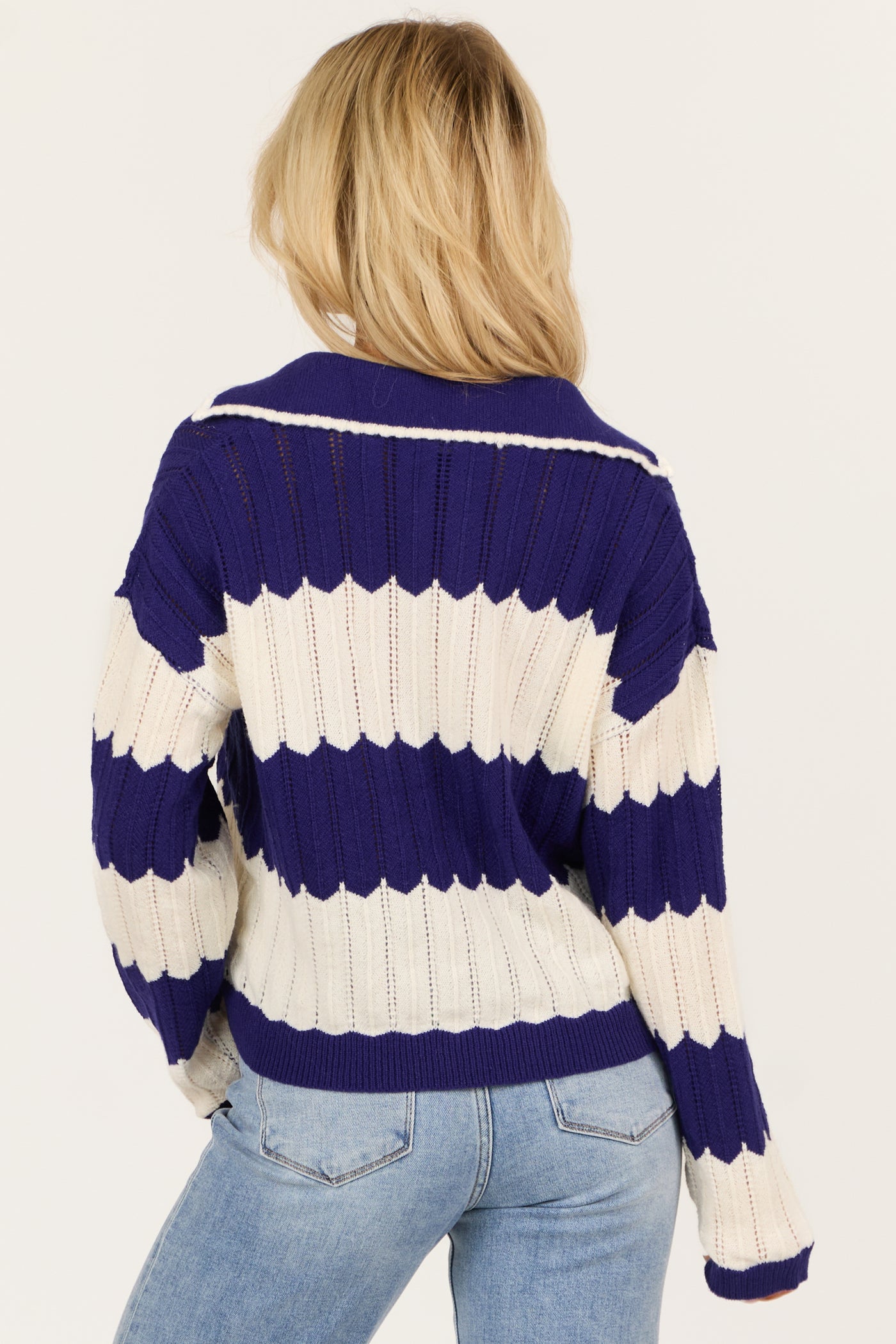 Cream and Navy Zig Zag Striped Collared Sweater