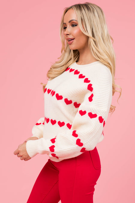 Cream and Red Heart Stripe Sweater