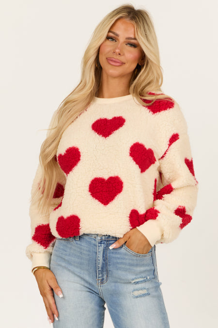 Cream and Ruby Heart Pattern Sherpa Sweatshirt