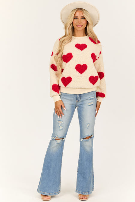 Cream and Ruby Heart Pattern Sherpa Sweatshirt