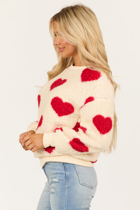 Cream and Ruby Heart Pattern Sherpa Sweatshirt