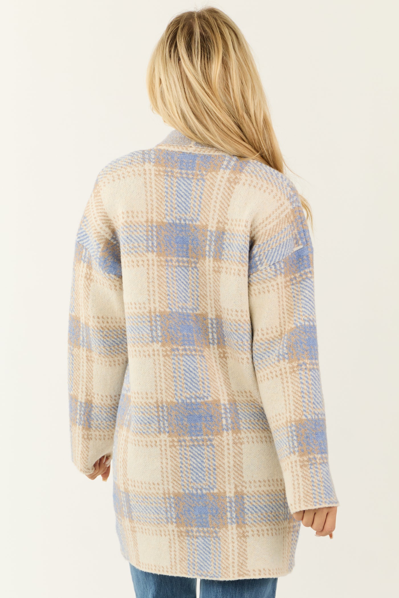 Cream and Sapphire Plaid Open Front Cardigan