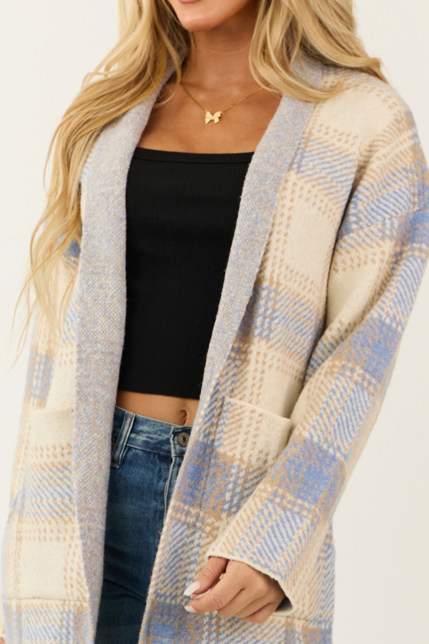 Cream and Sapphire Plaid Open Front Cardigan