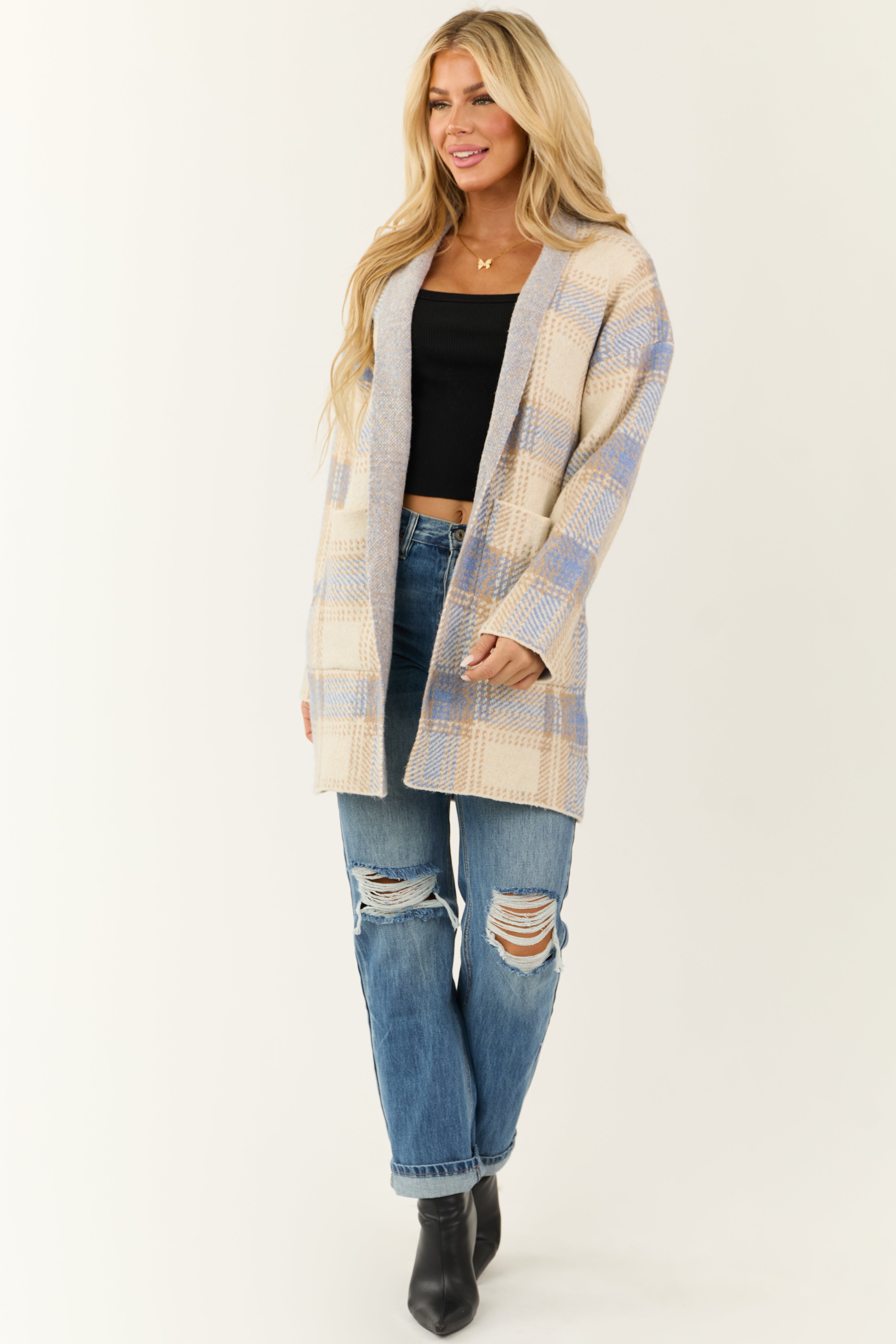 Cream and Sapphire Plaid Open Front Cardigan