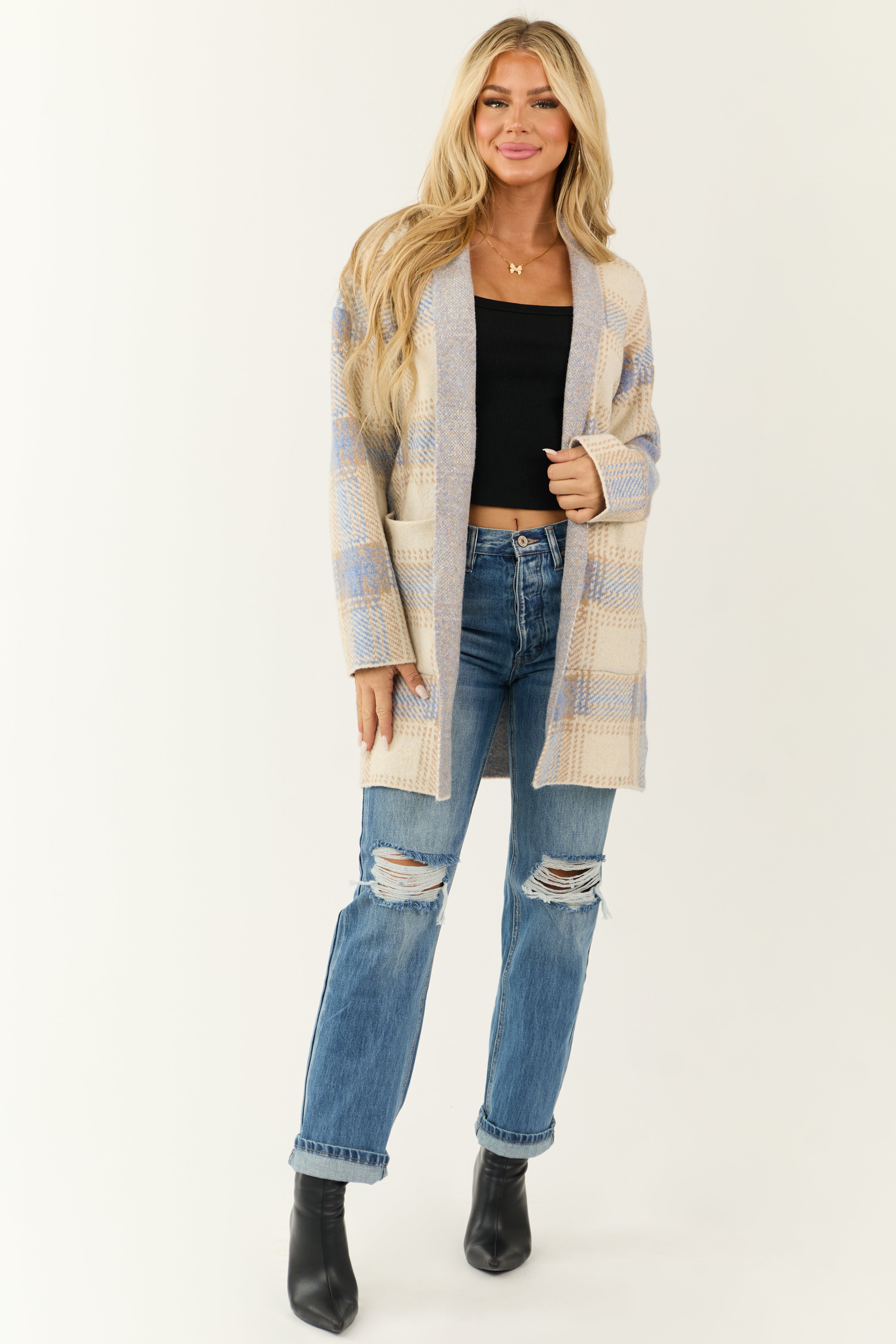 Cream and Sapphire Plaid Open Front Cardigan