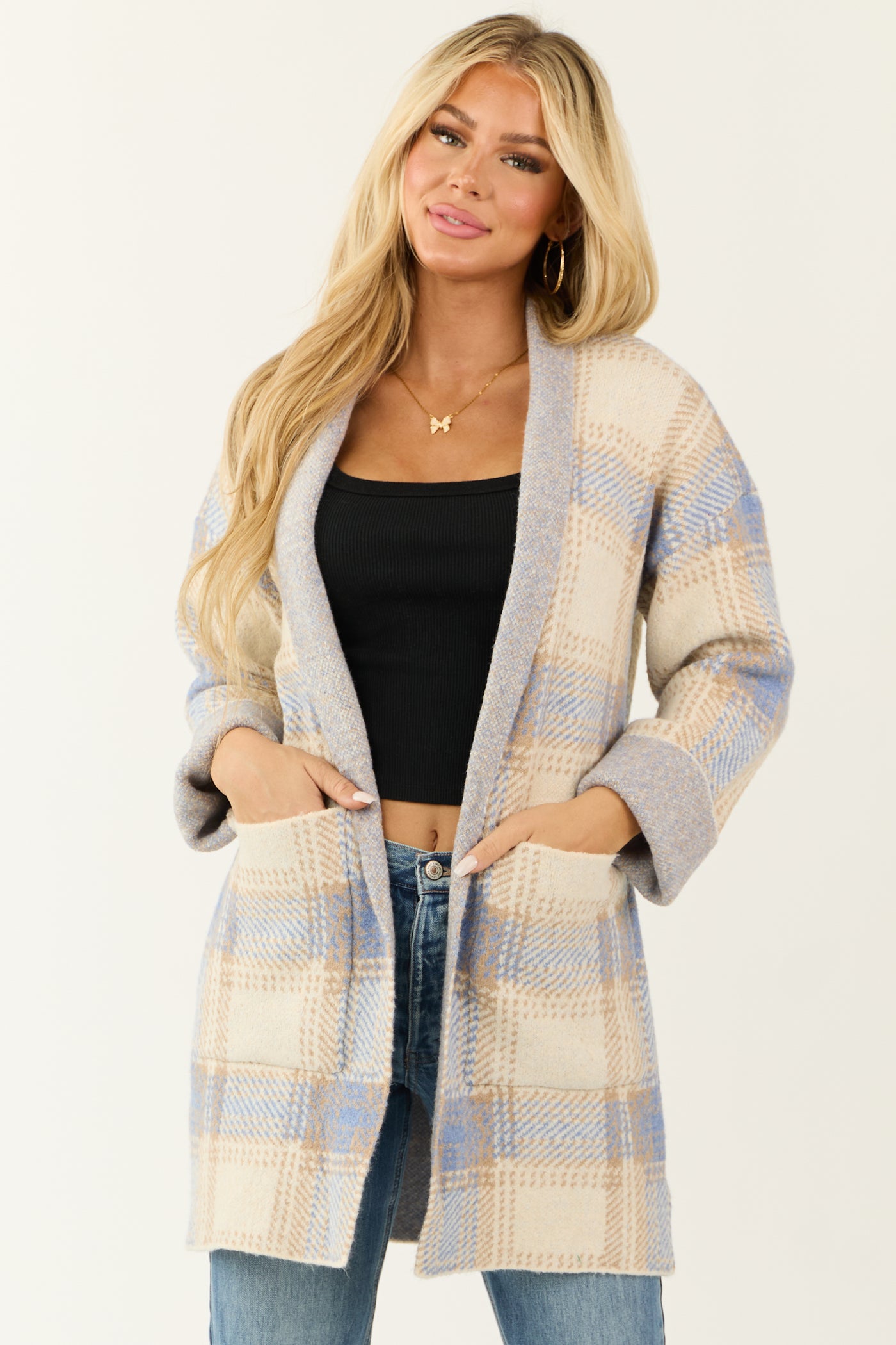 Cream and Sapphire Plaid Open Front Cardigan