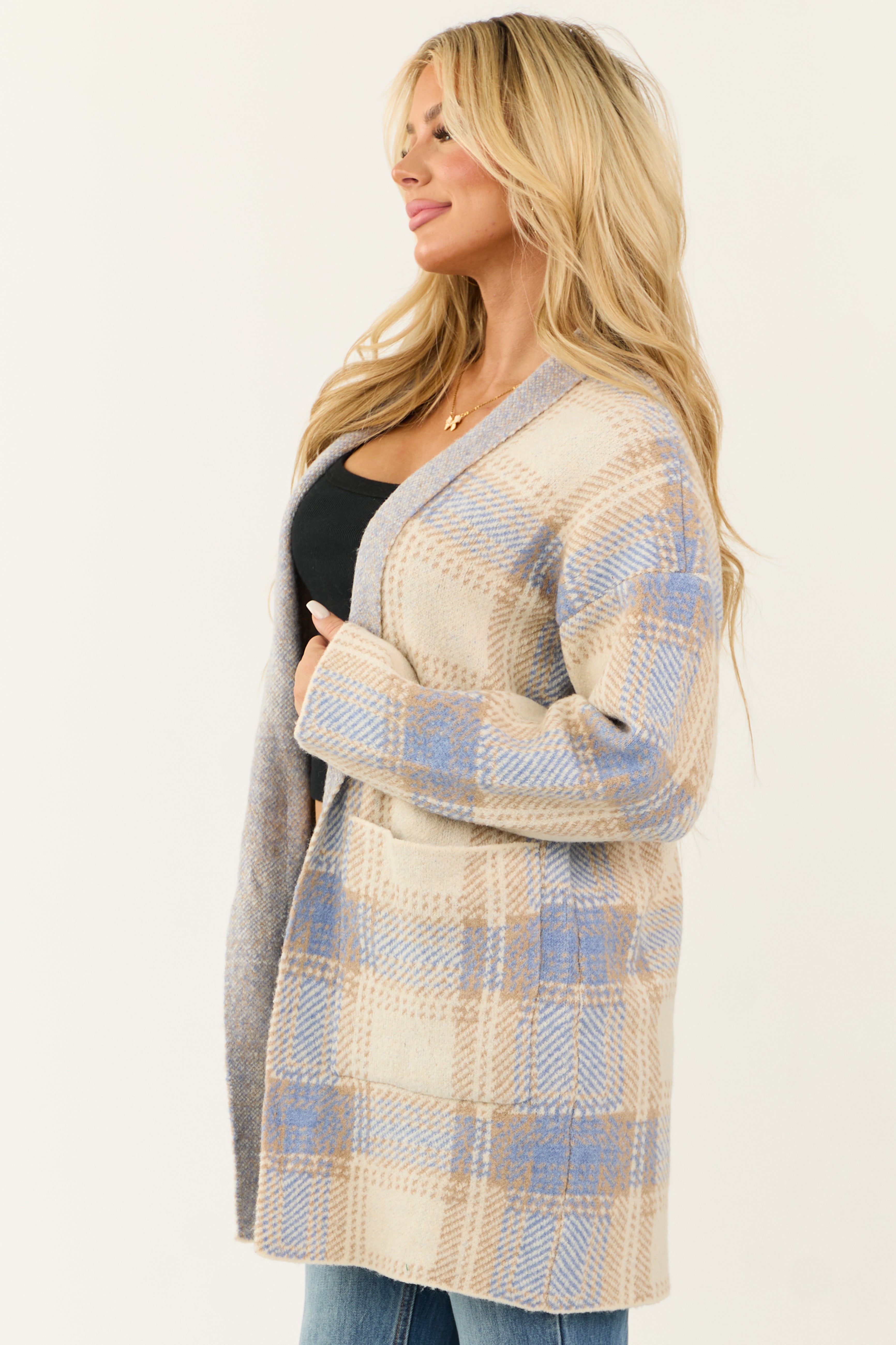 Cream and Sapphire Plaid Open Front Cardigan