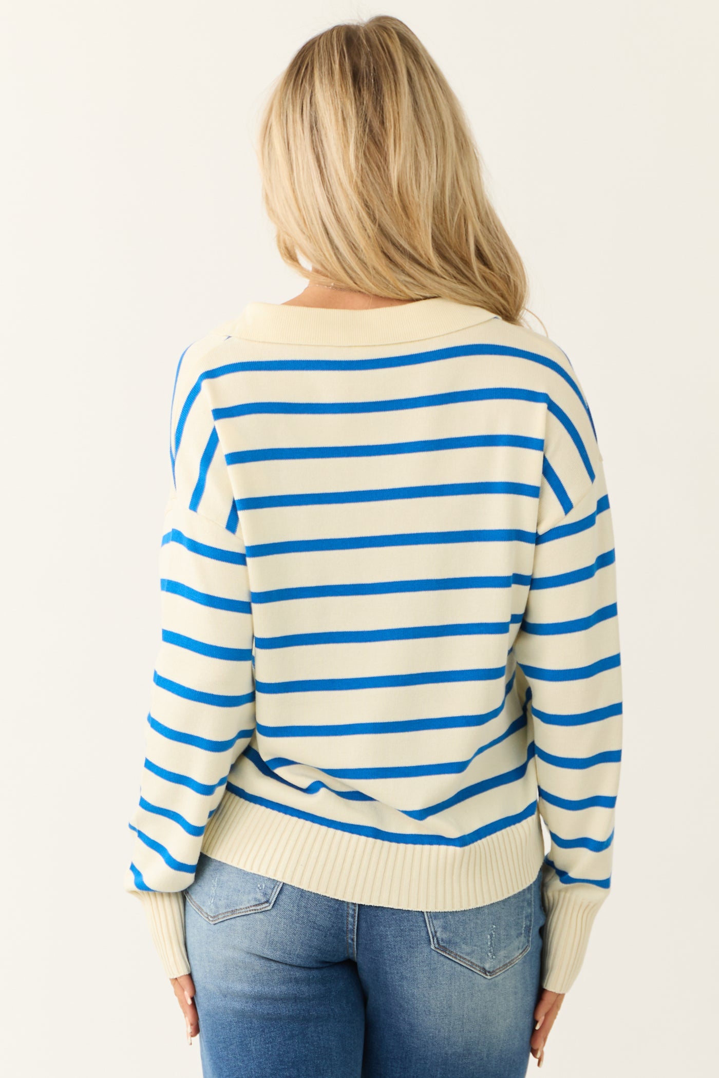 Cream and Sapphire Striped Collared V Neck Sweater