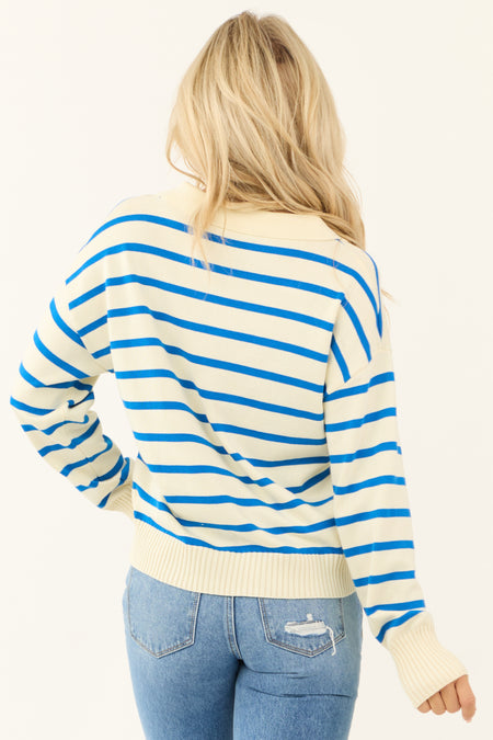 Cream and Sapphire Striped Collared V Neck Sweater