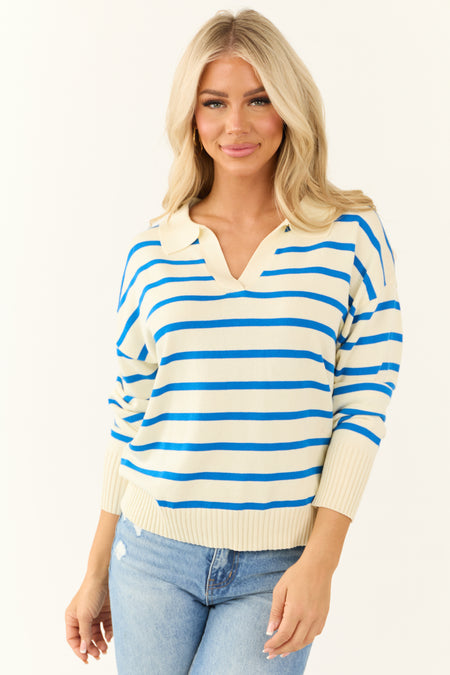 Cream and Sapphire Striped Collared V Neck Sweater