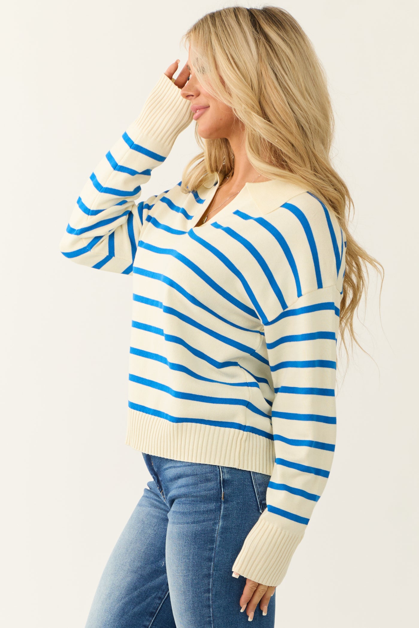 Cream and Sapphire Striped Collared V Neck Sweater