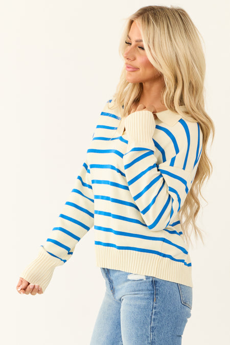 Cream and Sapphire Striped Collared V Neck Sweater