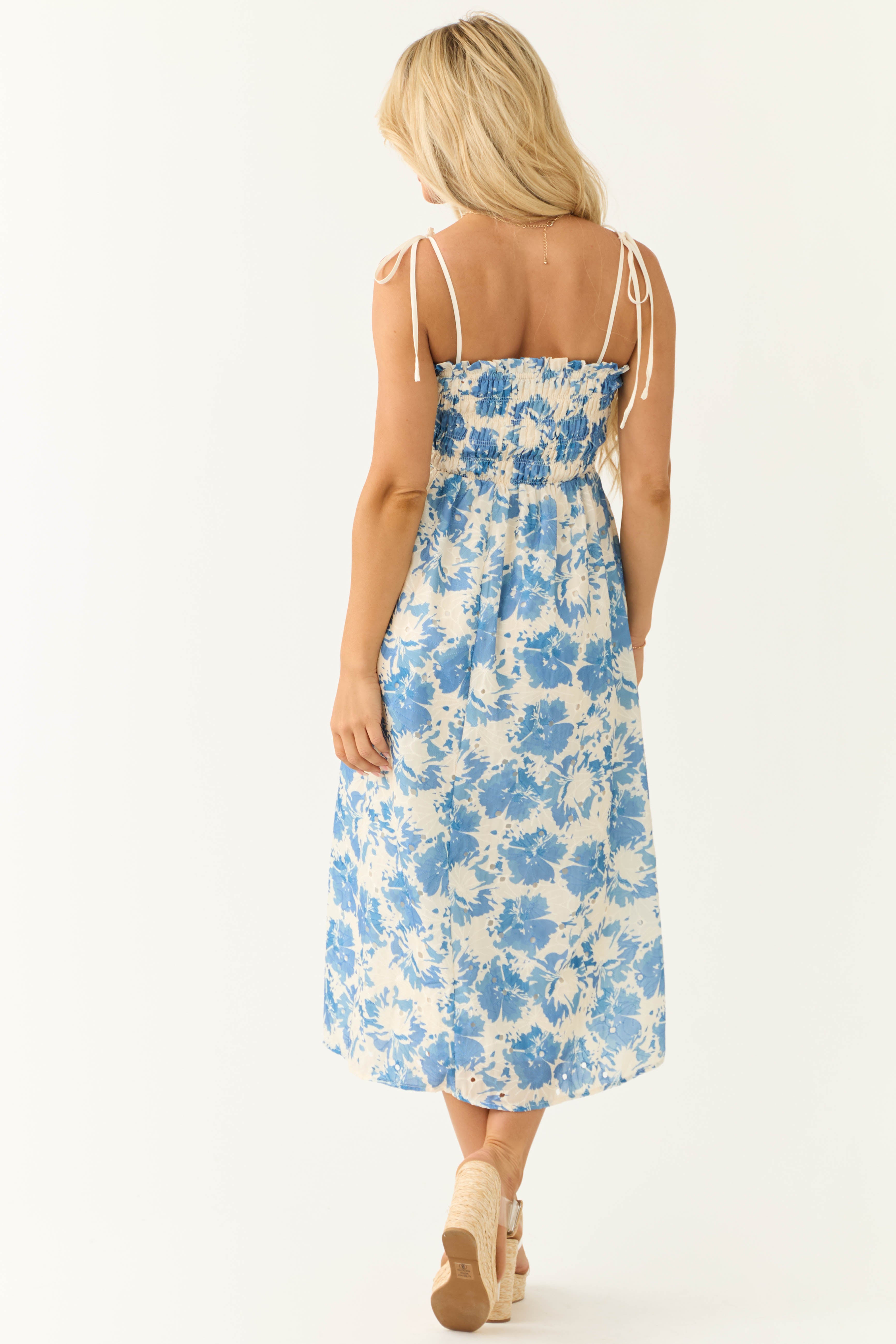 Cream and Steel Blue Floral Print Midi Dress