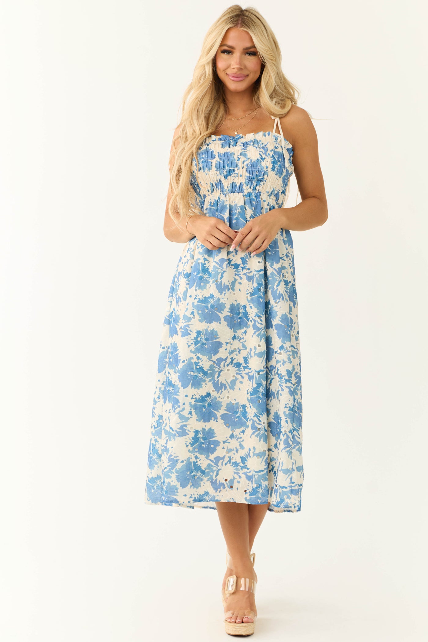 Cream and Steel Blue Floral Print Midi Dress