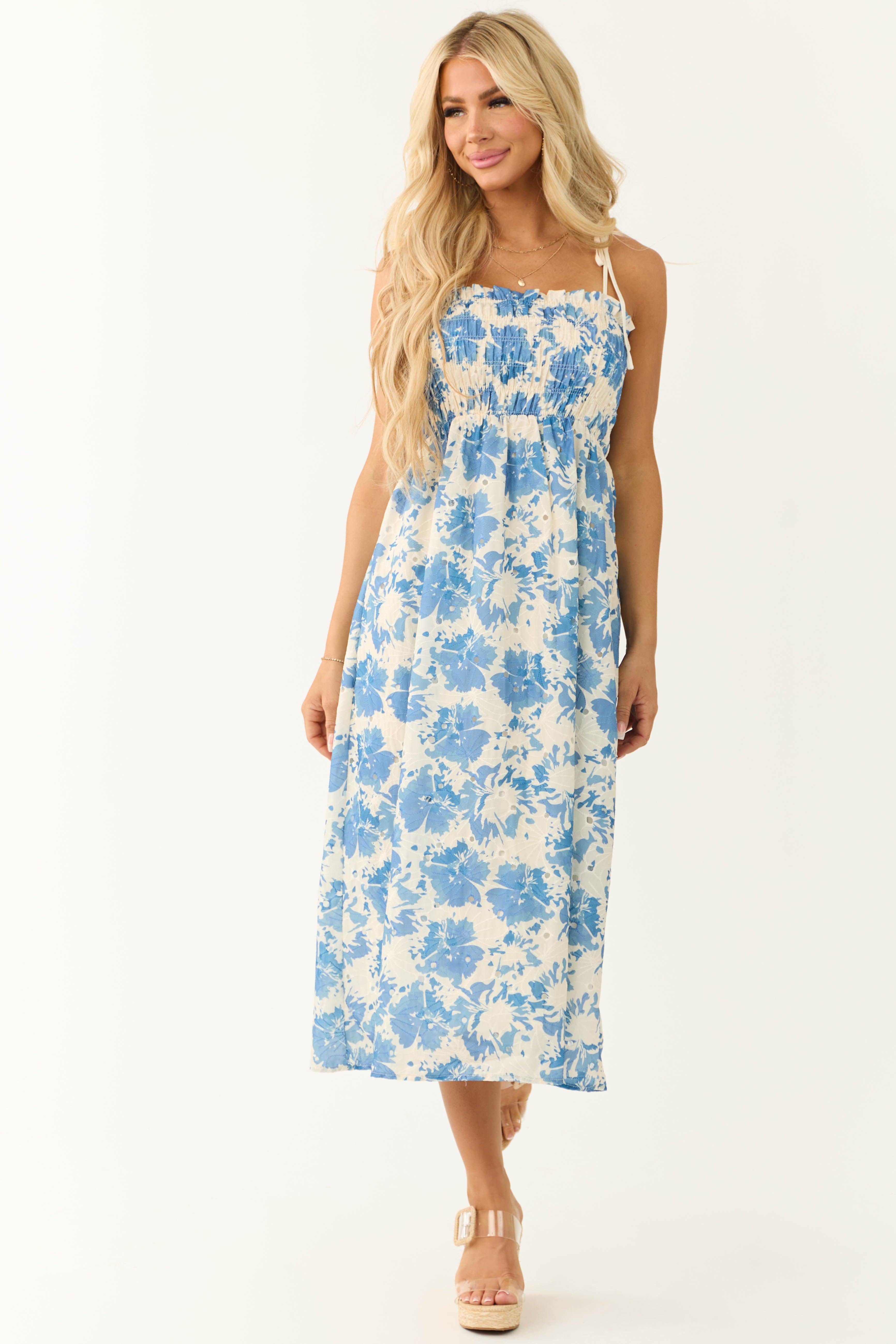 Cream and Steel Blue Floral Print Midi Dress