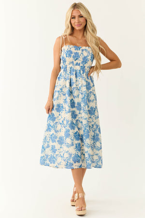 Cream and Steel Blue Floral Print Midi Dress