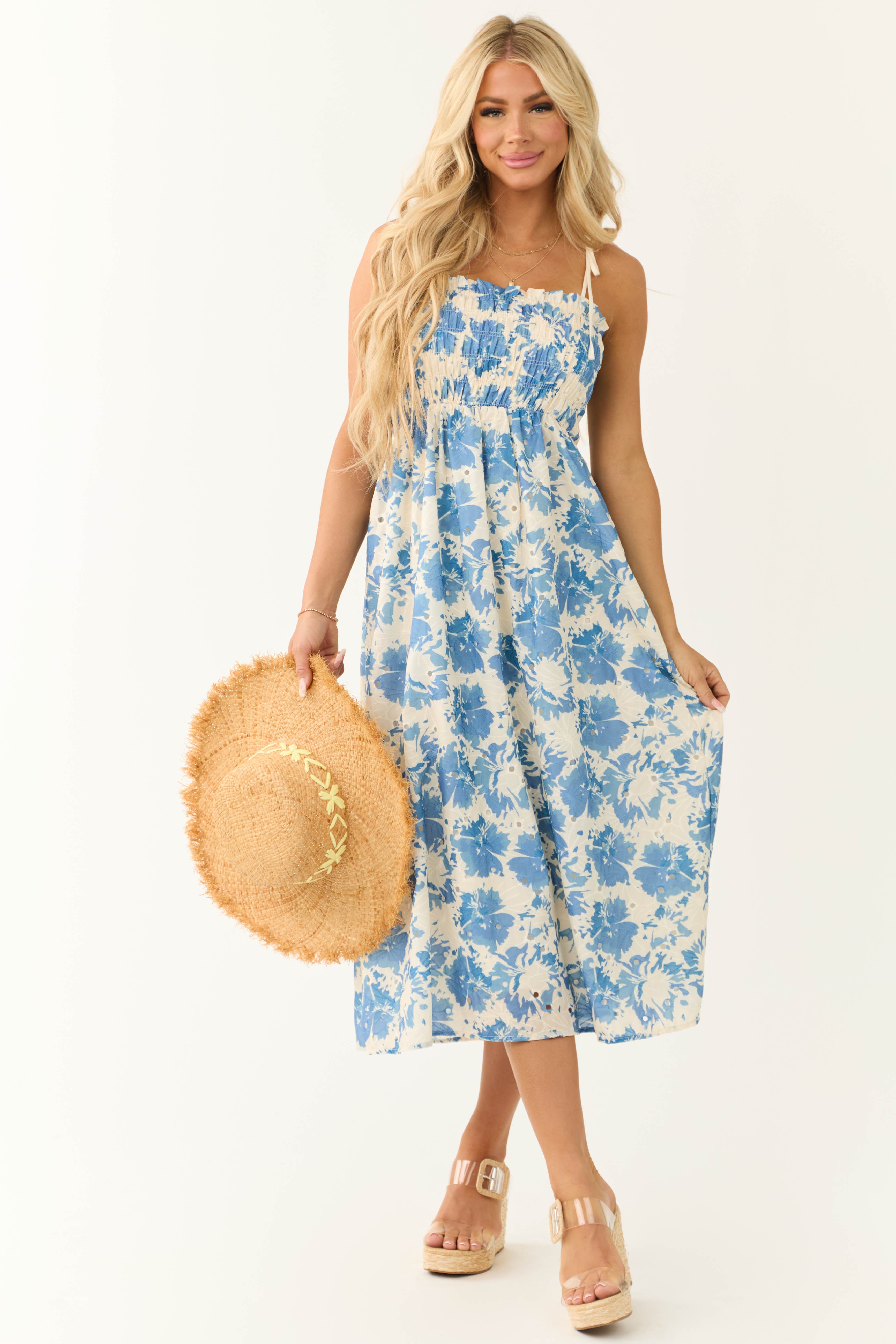 Cream and Steel Blue Floral Print Midi Dress