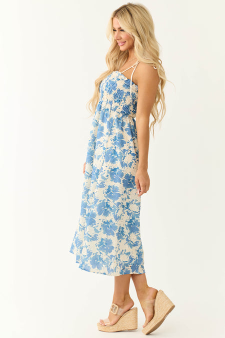 Cream and Steel Blue Floral Print Midi Dress