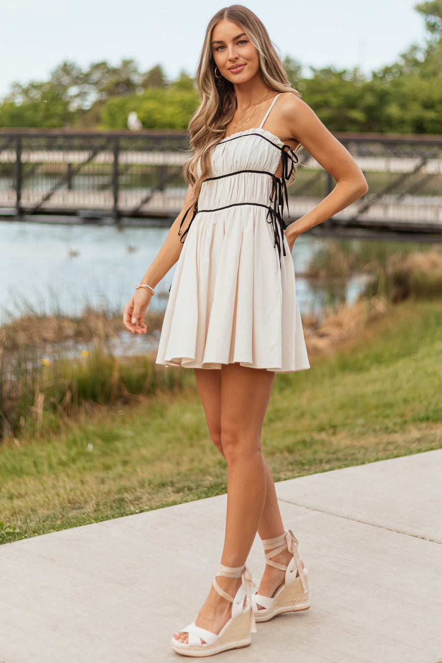Cream Contrast Lace Up Side Short Dress