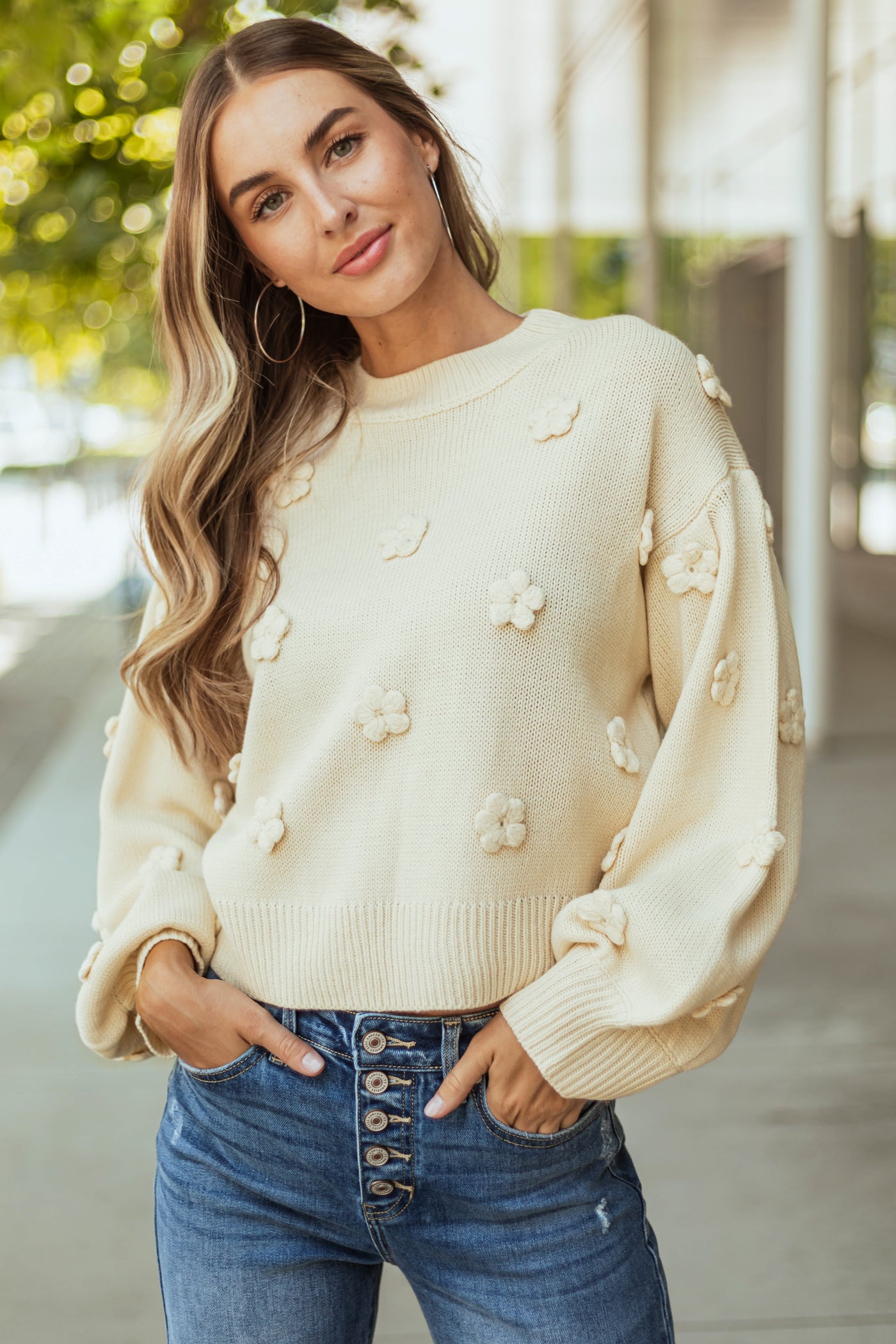 Cream Knit Floral Applique Sweater