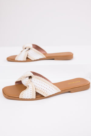 Cream Knit Strap Open Toe Flat Sandals