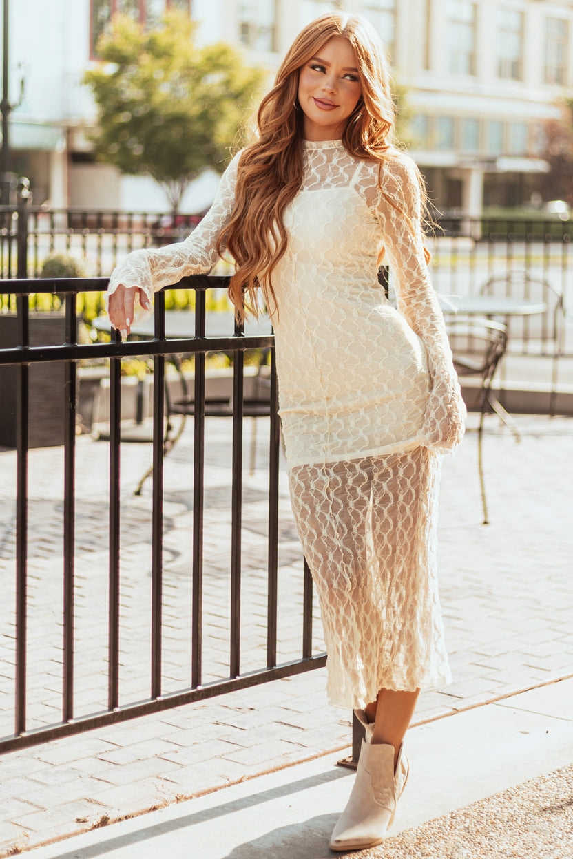 Cream Lace Long Sleeve High Neck Midi Dress