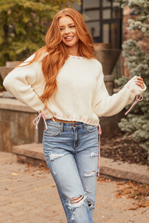 Cream Long Sleeve Tie Cinched Detail Sweater