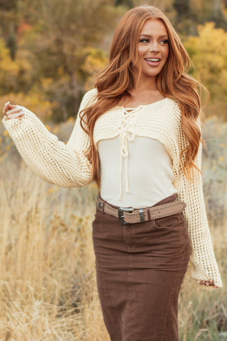 Cream Open Crochet Cropped Cardigan with Tank Top