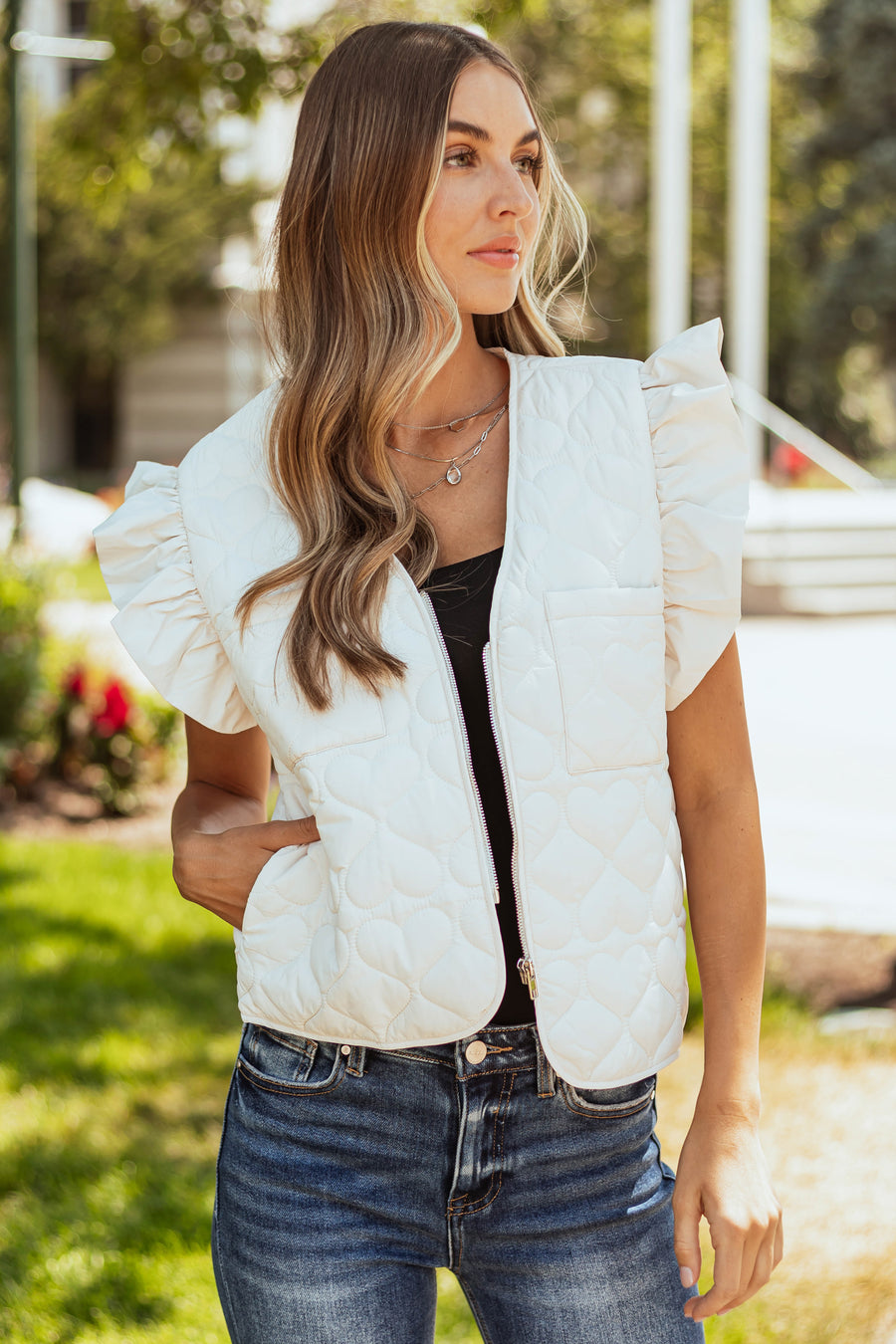 Cream Ruffle Strap Zip Up Quilted Puffer Vest