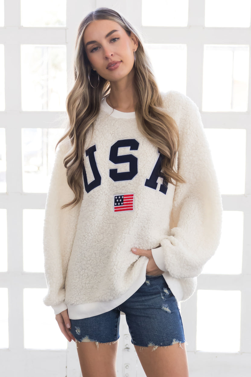 Cream Sherpa 'USA' Embroidered Pullover