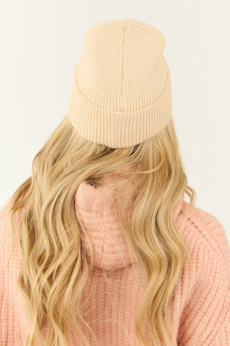 Cream Smiley Face Embroidered Beanie