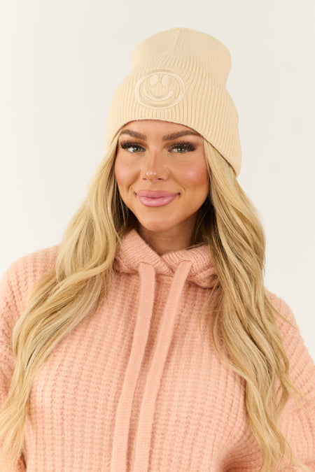 Cream Smiley Face Embroidered Beanie