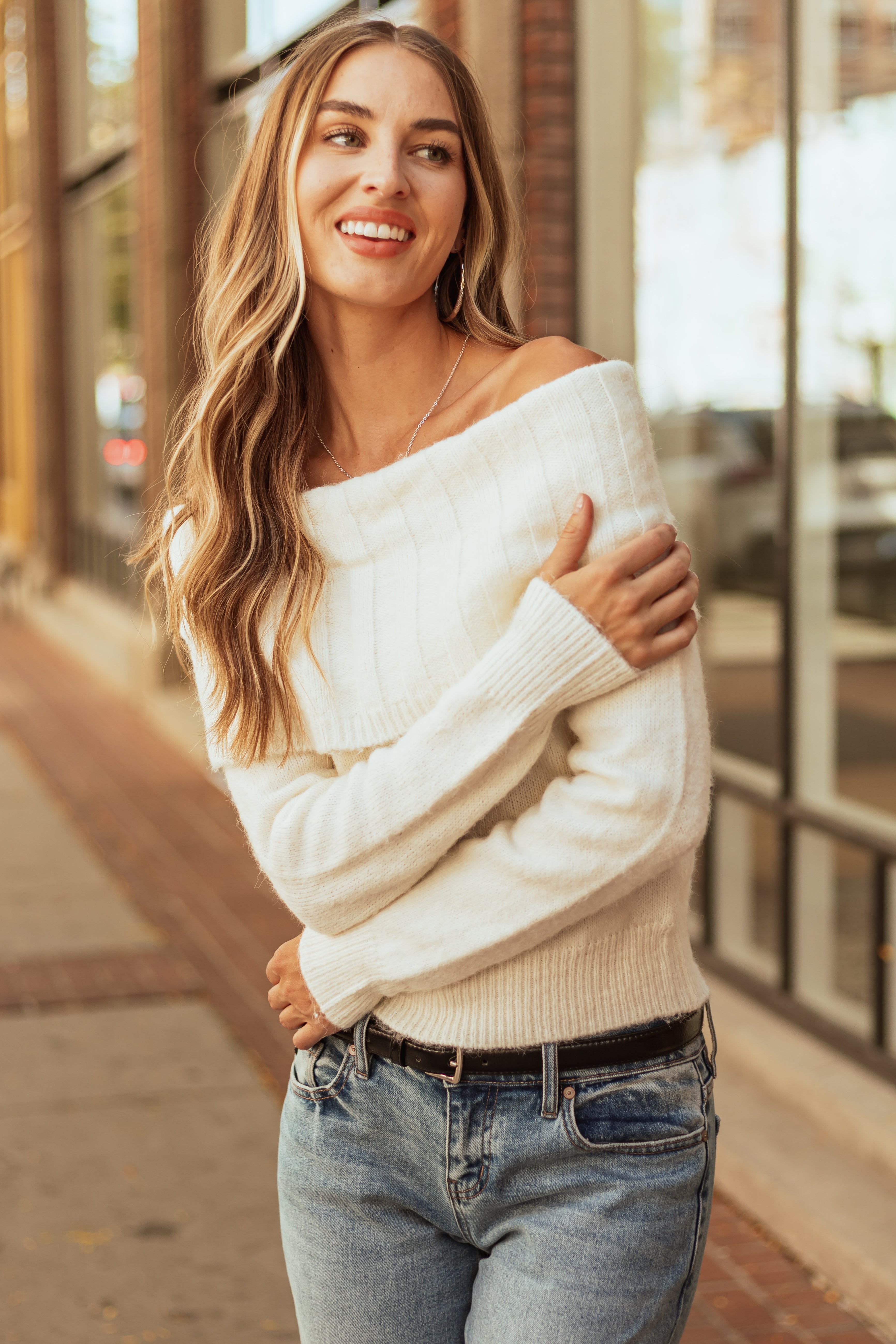 S Cream Soft Off Shoulder Neckline Sweater