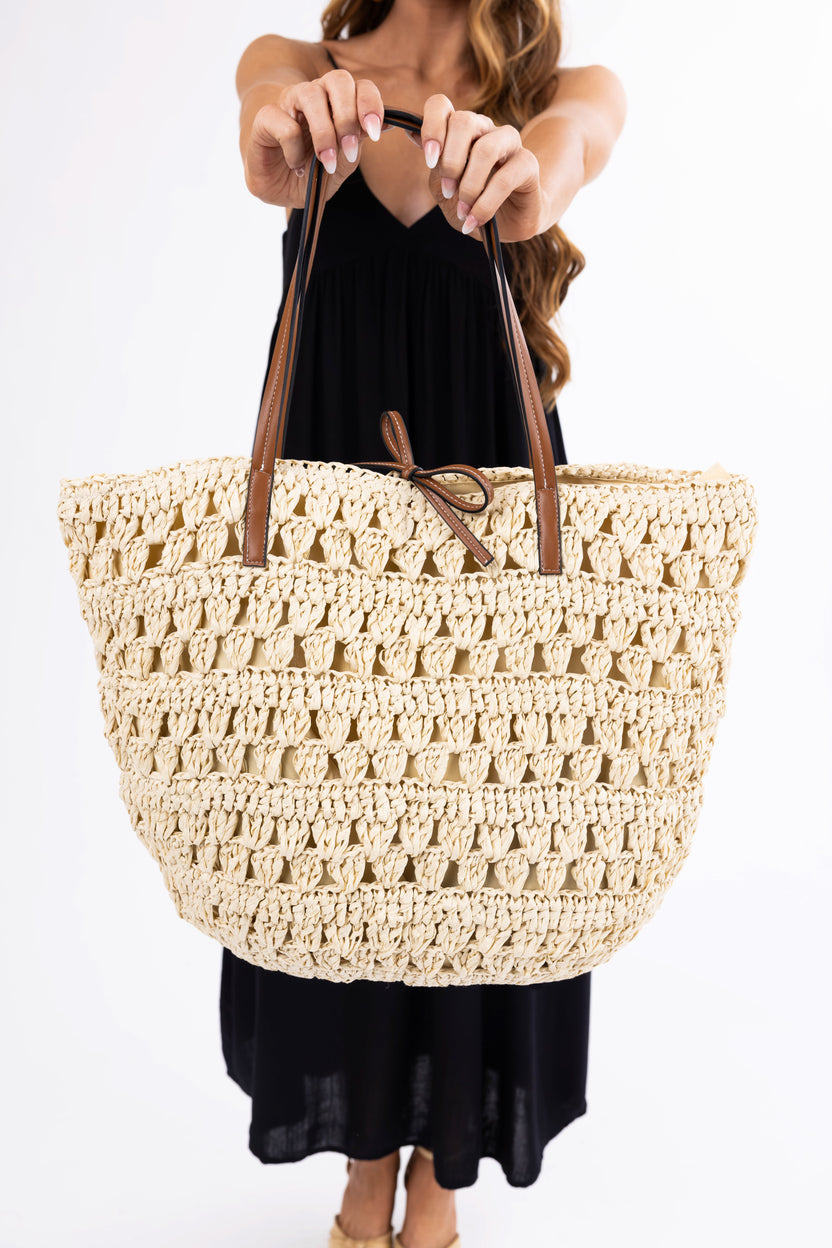 Cream Straw Braided Pleather Handle Tote Bag