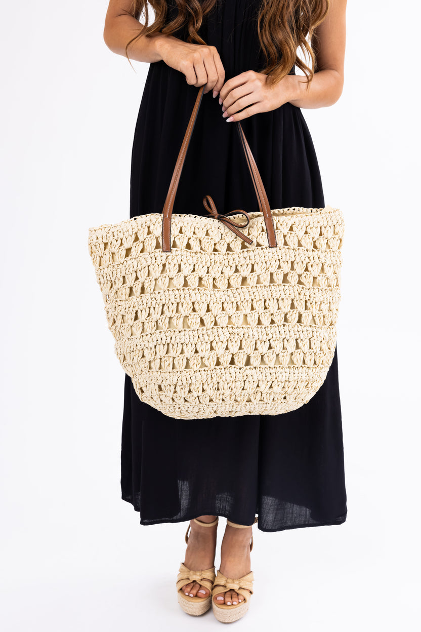 Cream Straw Braided Pleather Handle Tote Bag