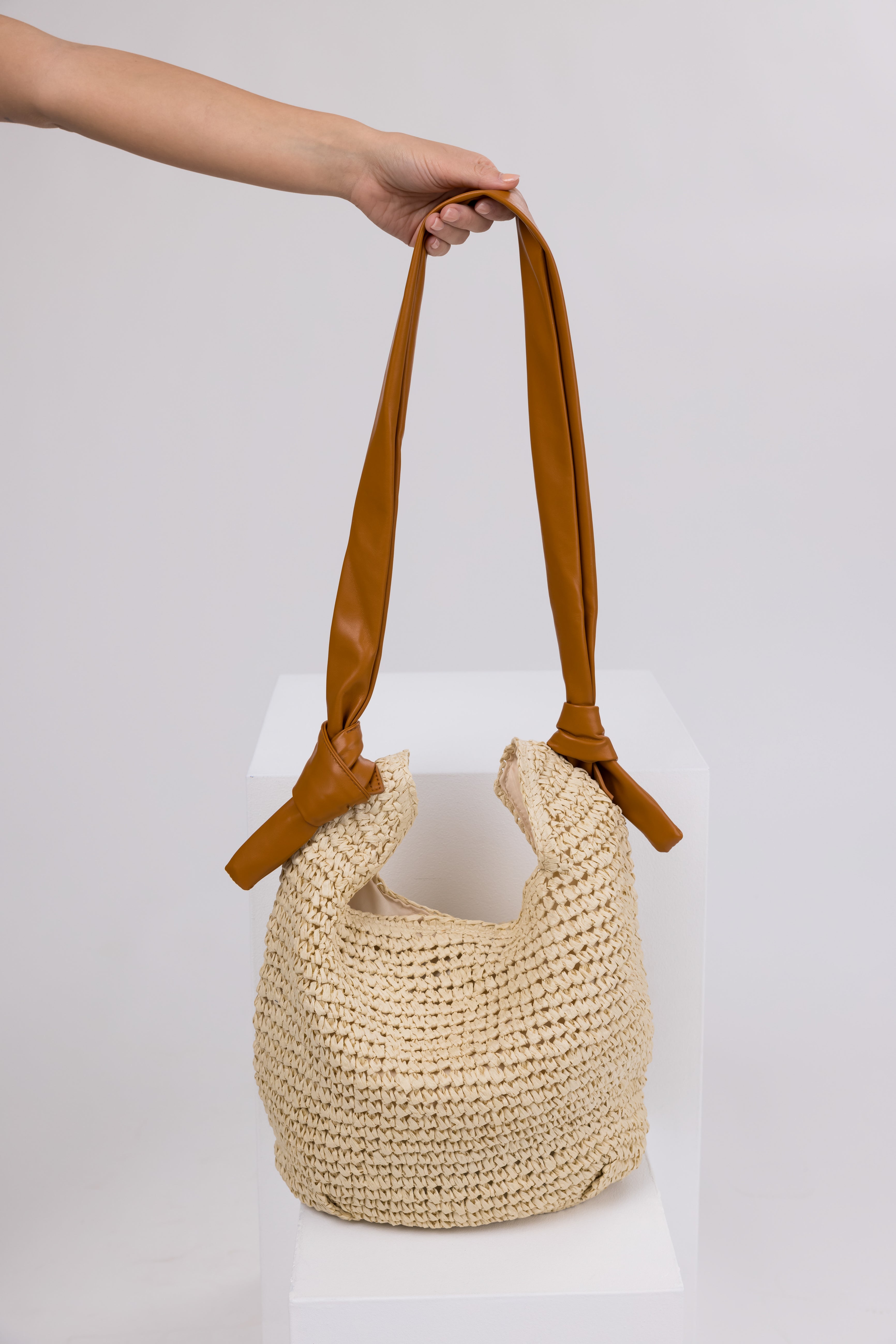 Cream Straw Tote with Copper Pleather Handle