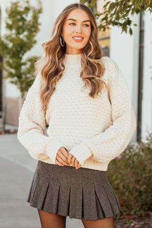 Cream Textured Knit High Neck Sweater